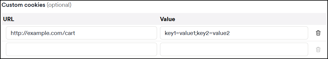 Custom cookies URL and value input fields.