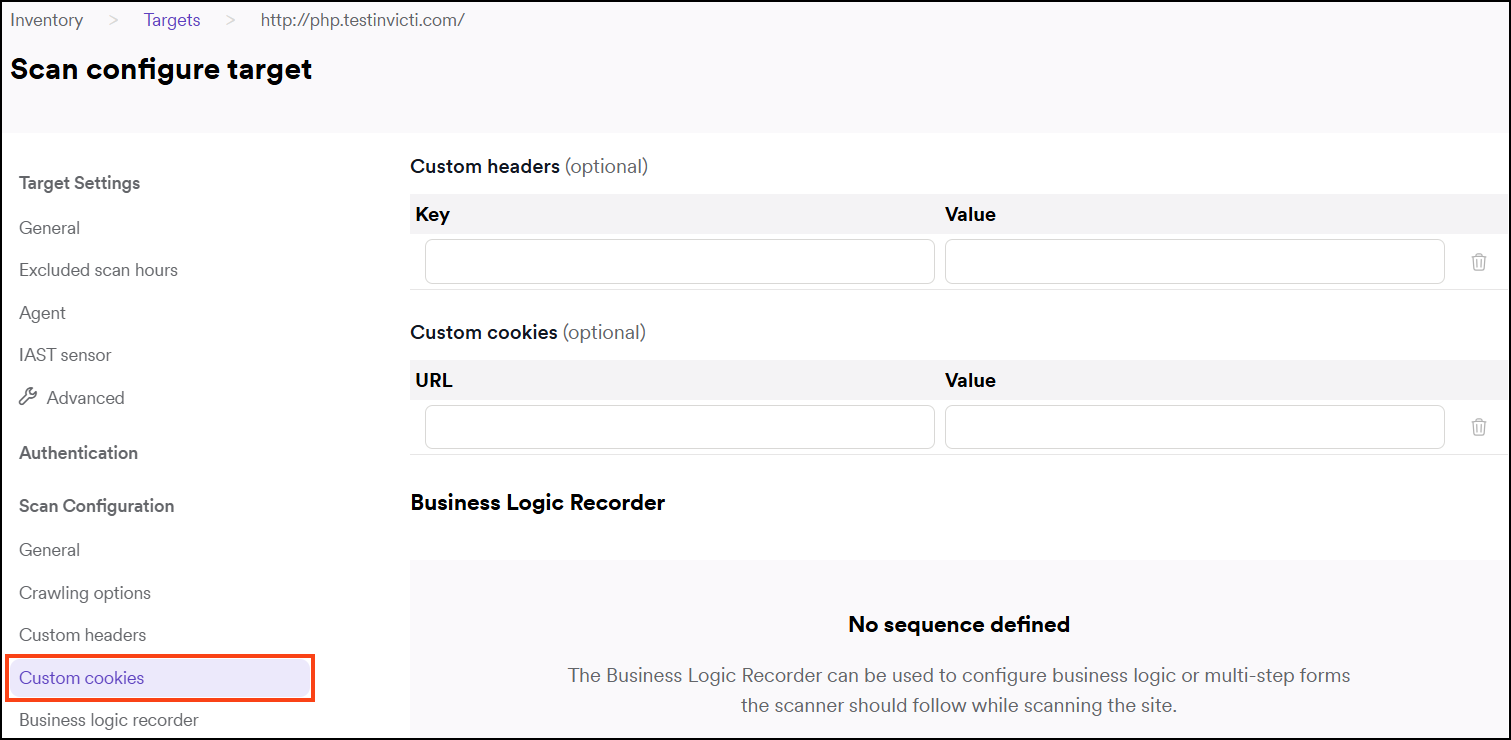 Custom cookies menu item in target settings.