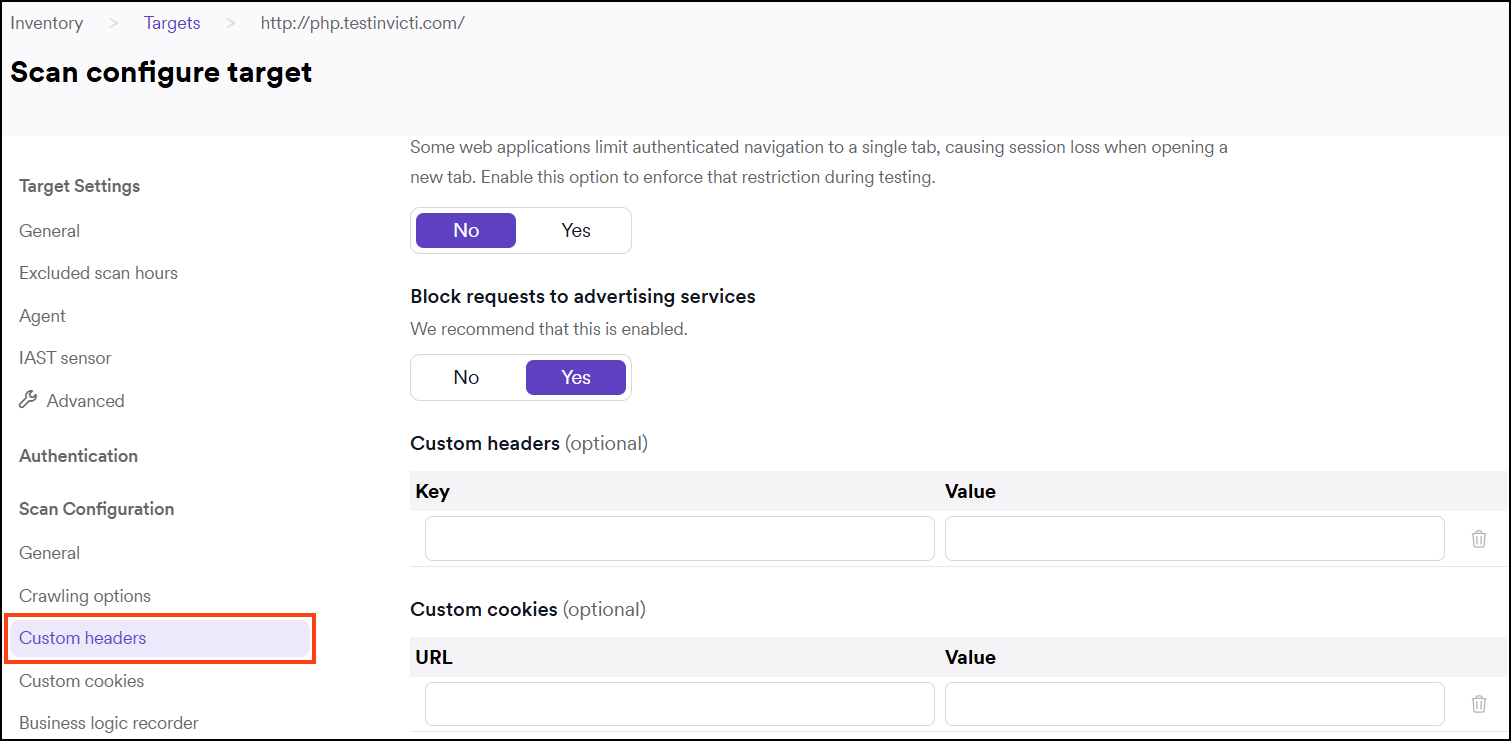 Custom headers menu in Target settings.