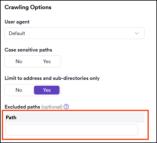 Excluded paths option with text field for regular expressions.