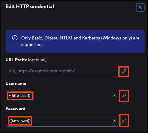 Add HTTP credential dialog with secret references selected for Username and Password fields.