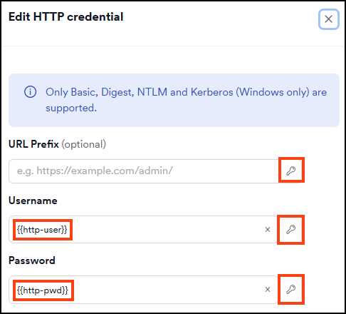 Add HTTP credential dialog with secret references selected for Username and Password fields.