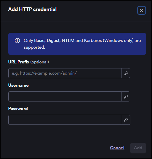 Add HTTP credential dialog with URL Prefix, Username, and Password fields.