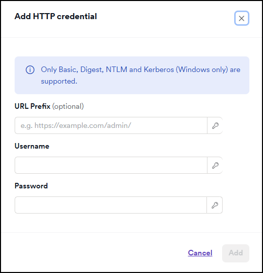 Add HTTP credential dialog with URL Prefix, Username, and Password fields.