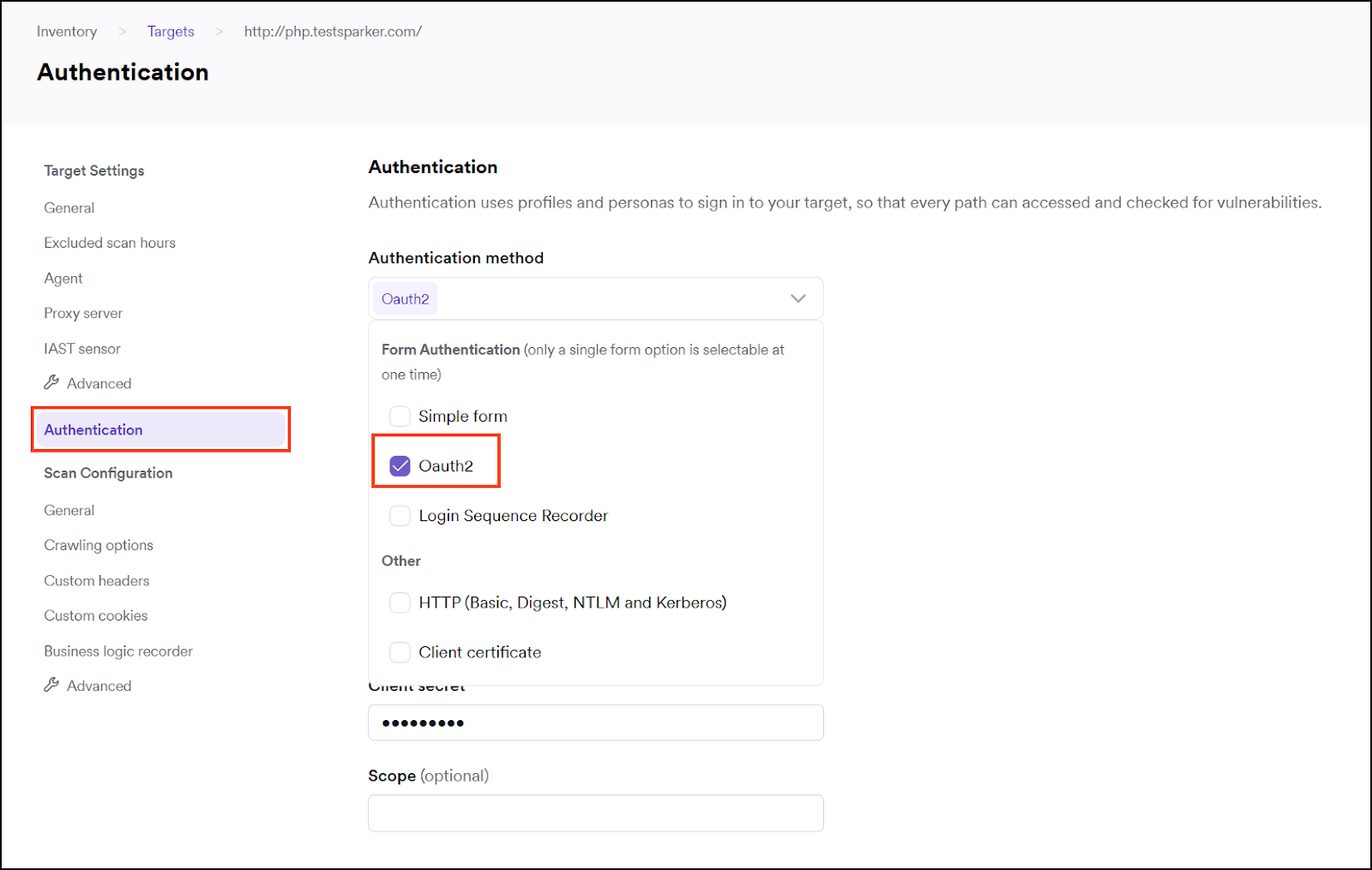OAuth2 authentication method selection.