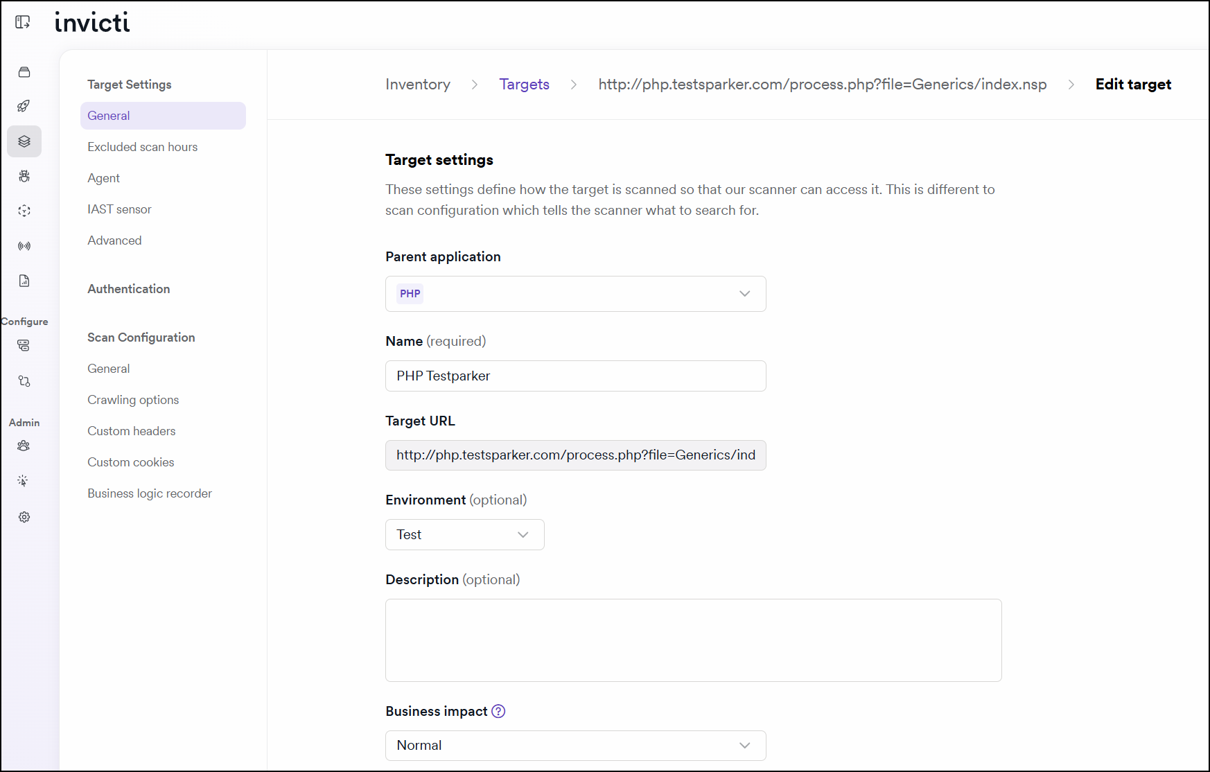 Configure target settings page.