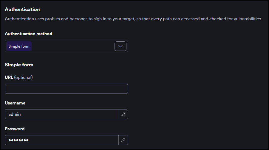 Simple form authentication settings with username and password entered directly