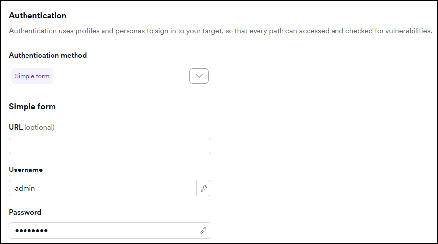 Simple form authentication settings with username and password entered directly