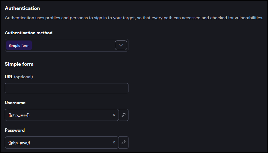 Simple form authentication settings with secrets selected for username and password