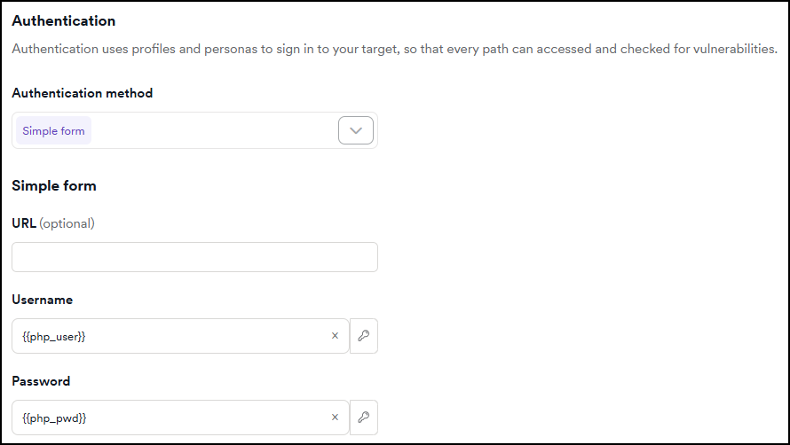 Simple form authentication settings with secrets selected for username and password