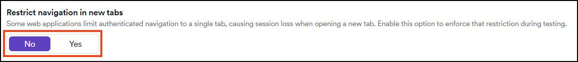 Restrict navigation in new tabs option with No and Yes buttons. No is selected.