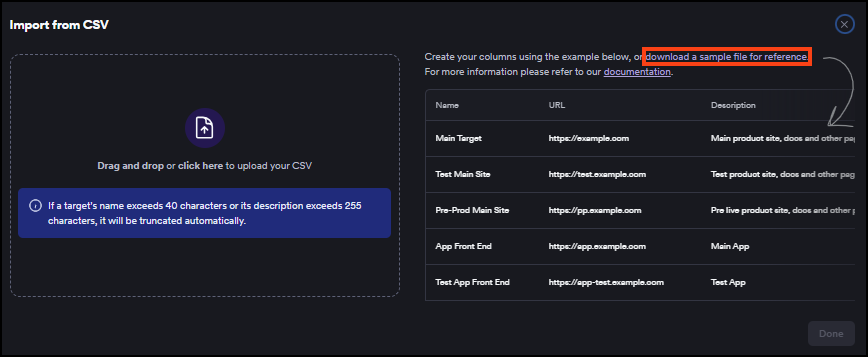 Import from CSV dialog showing the drag-and-drop upload area on the left and CSV column reference table on the right.