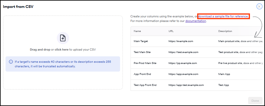 Import from CSV dialog showing the drag-and-drop upload area on the left and CSV column reference table on the right.