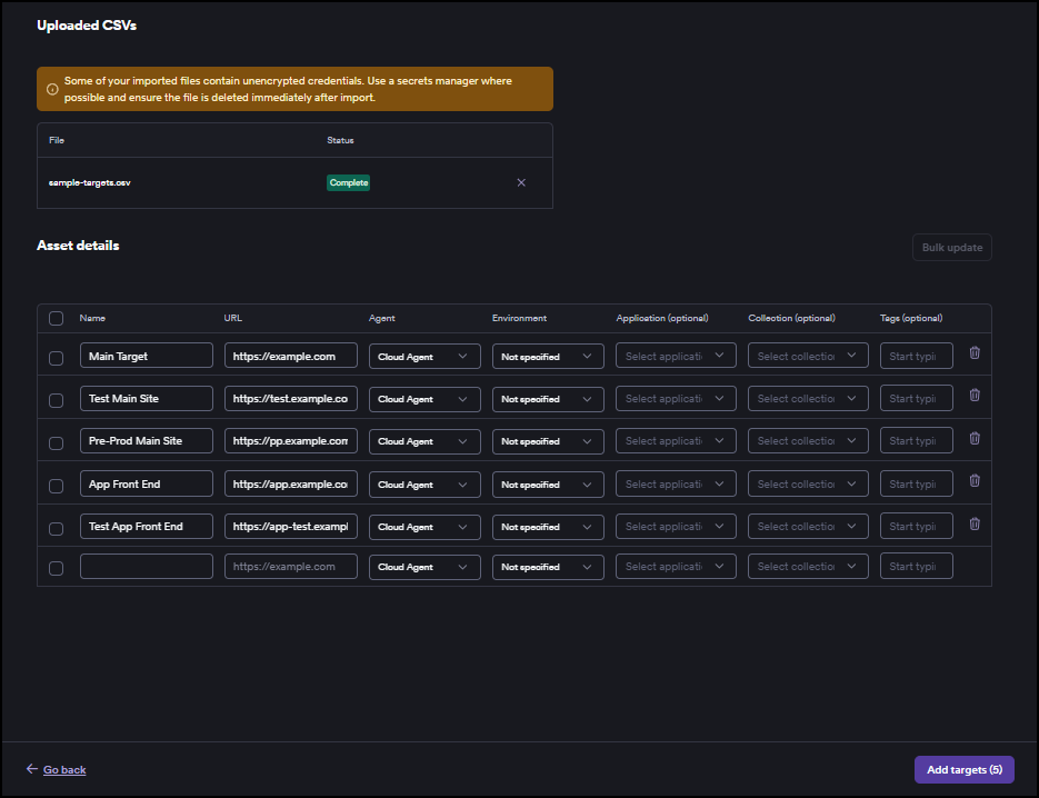 Add multiple targets page showing the Uploaded CSVs section and the Add targets button.