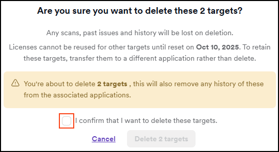 Bulk delete targets confirmation.