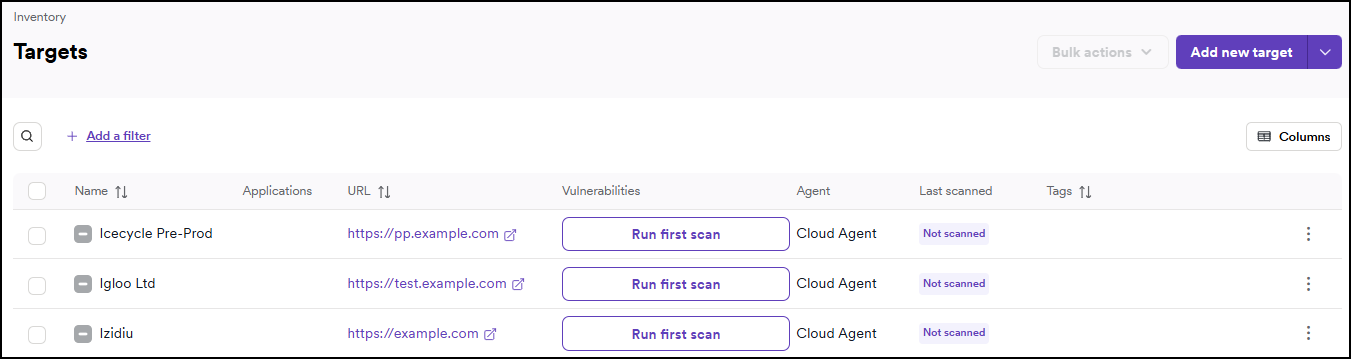 Targets page with new targets.