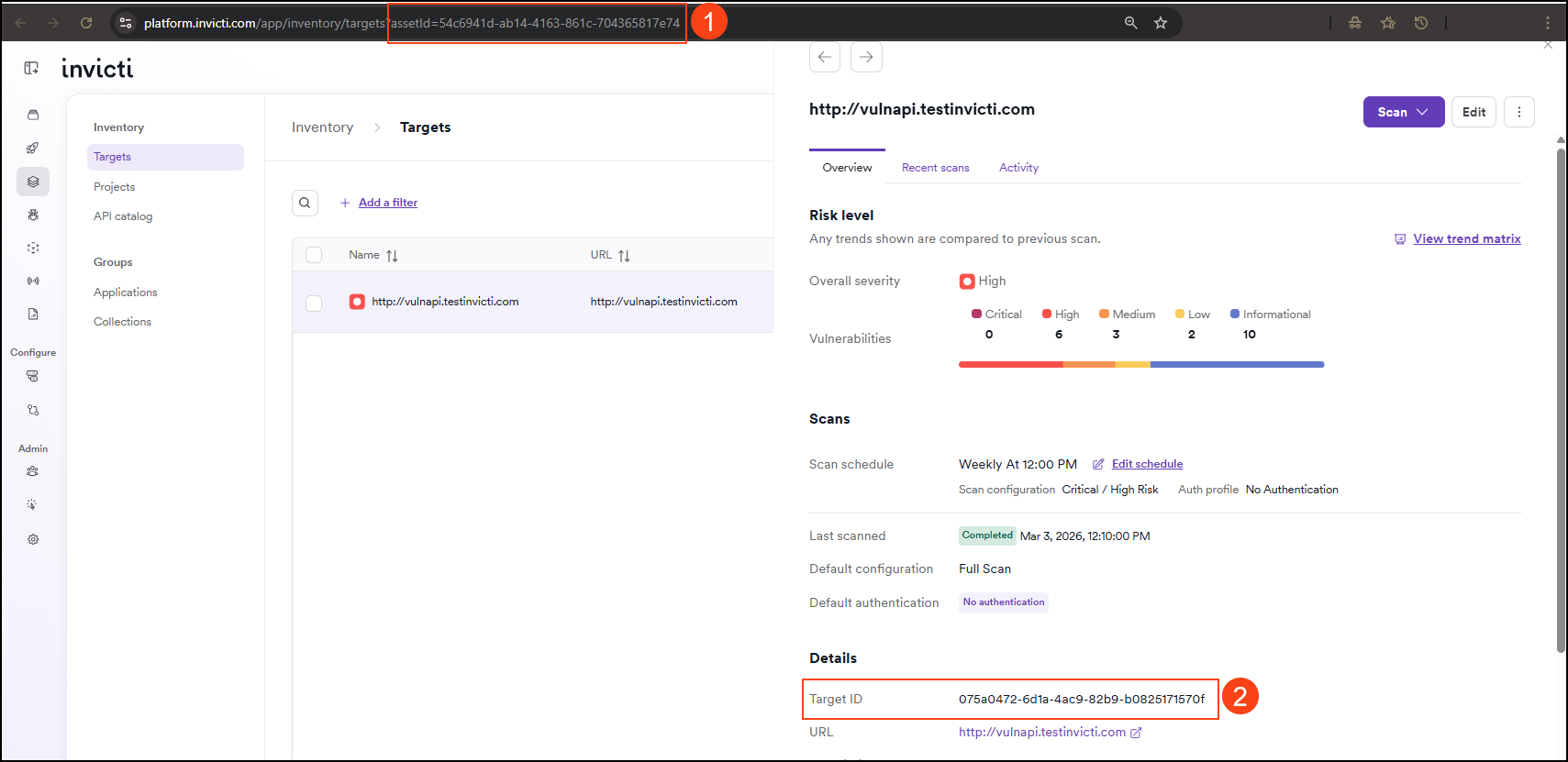 Asset ID in the browser URL (1) and DAST target ID in the Details drawer (2).