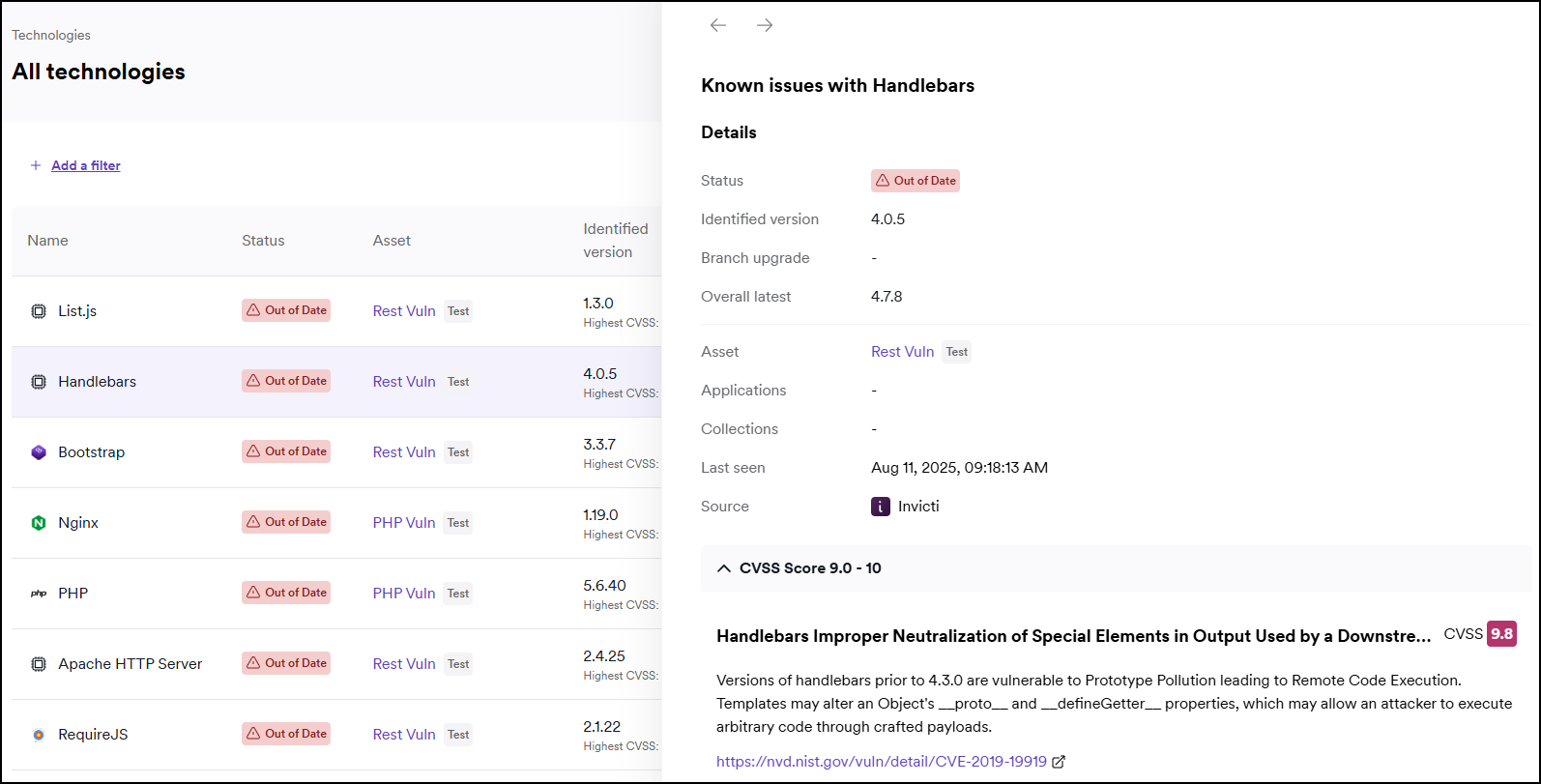 Technology details drawer showing known issues by CVSS score