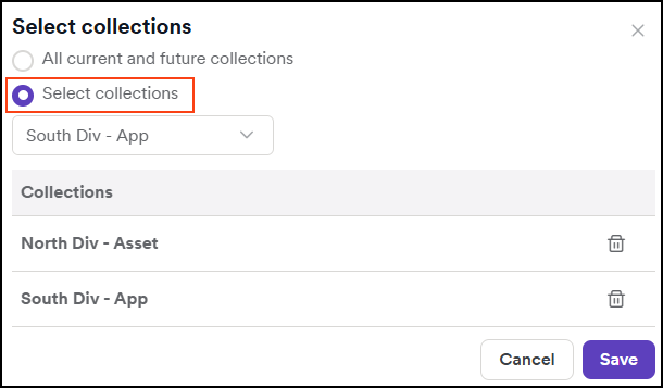 Collections selection dropdown and save button