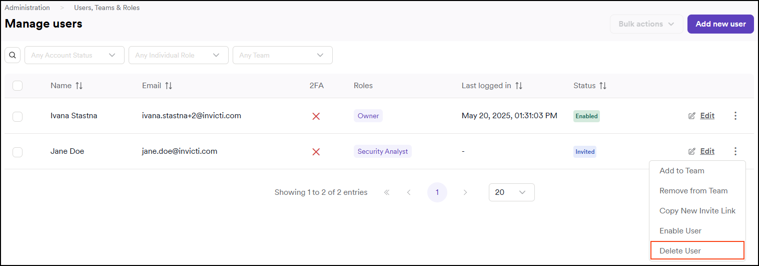 Three dots menu with Delete User option