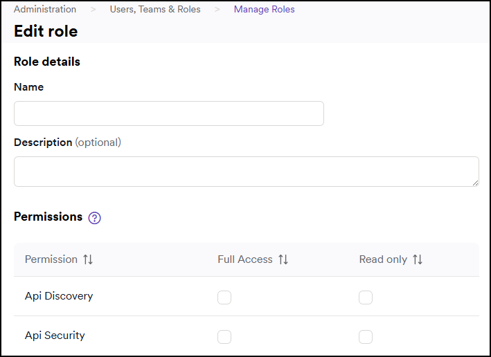 Edit role page with name, description and permissions