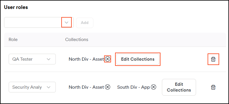 Various options to edit roles and collections