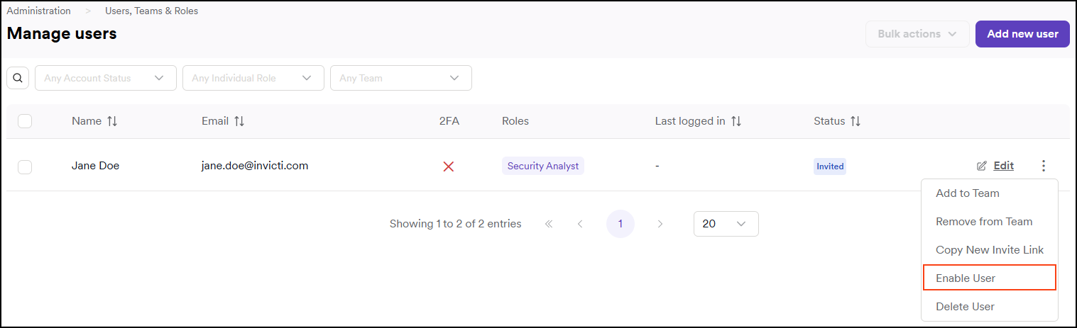 Three-dot menu with Enable or suspend user options