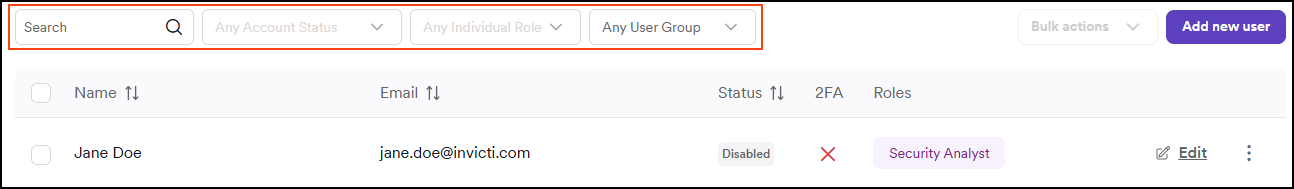 Use the search and filters to narrow down the list of users