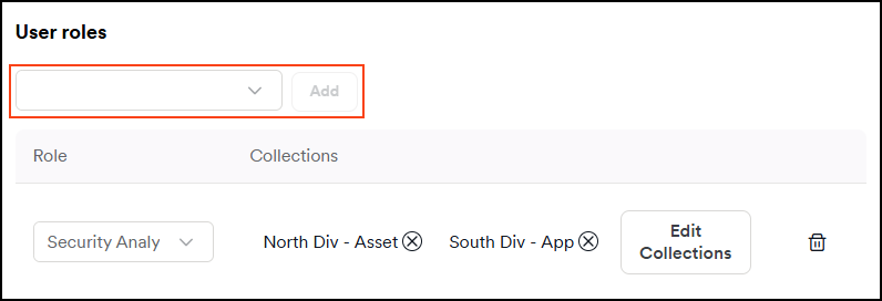 User roles section with dropdown and Add button