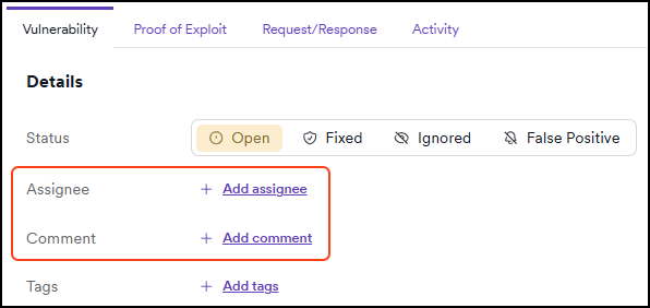 Vulnerability detail, with the Add assignee button