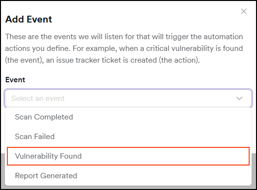 Add event 'vulnerability found' to the automation.