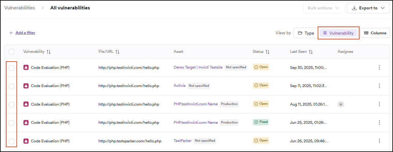 Use the checkboxes to specify the vulnerabilities to which you would like to add the comment or tags. 