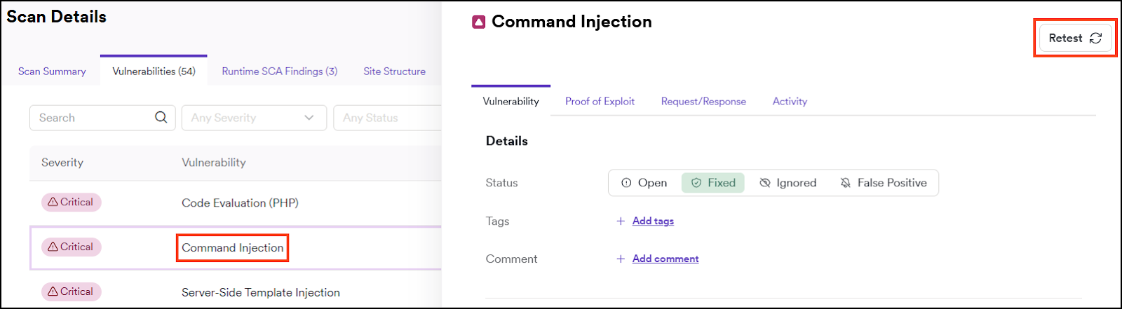 Retesting a vulnerability found in a scan.