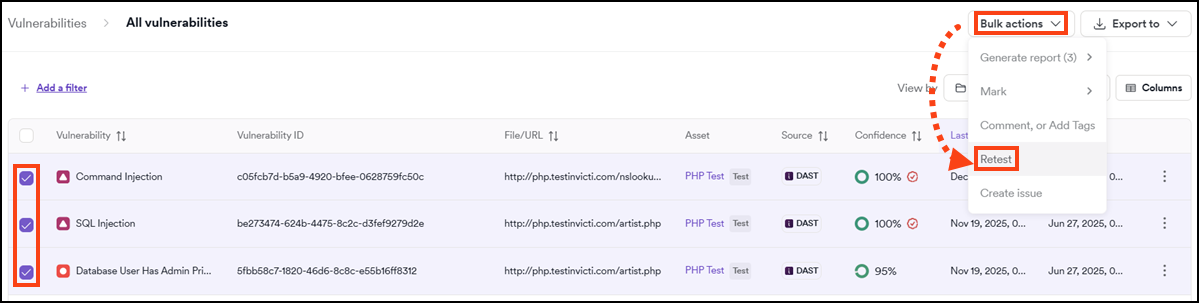 Retest multiple vulnerabilities from the All vulnerabilities list.