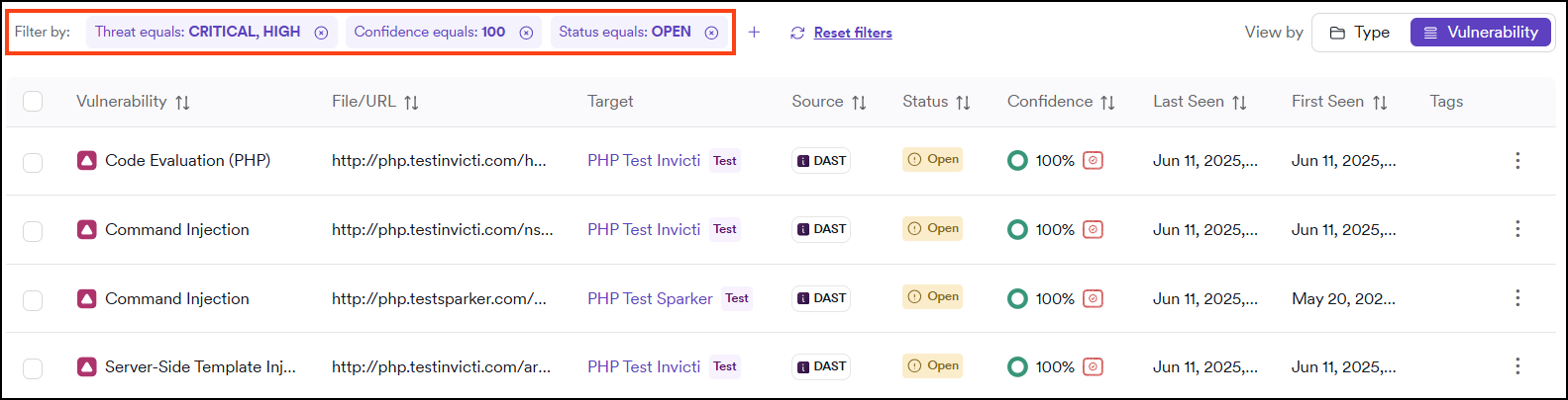 Multiple filters applied showing critical and high severity vulnerabilities with 100% confidence and Open status