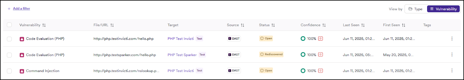 Vulnerabilities view by type showing vulnerability types, threat severity, source, occurrences, first seen, and last seen columns