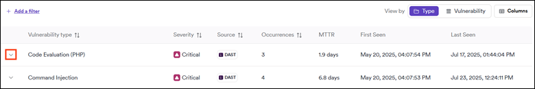 Vulnerabilities page with View by Type selected.