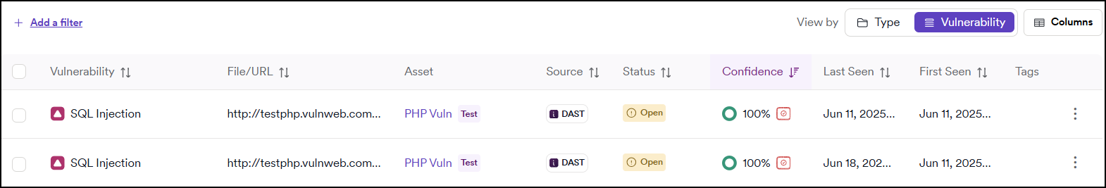 Vulnerabilities page with View by Vulnerability selected.