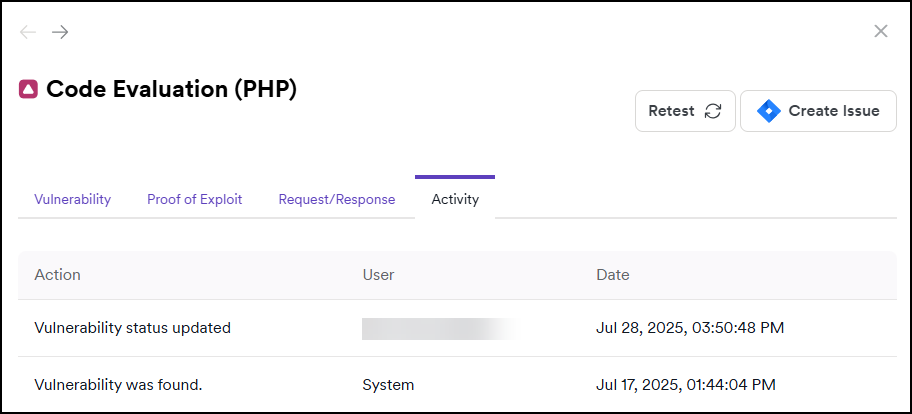 Activity tab information for a found vulnerability.