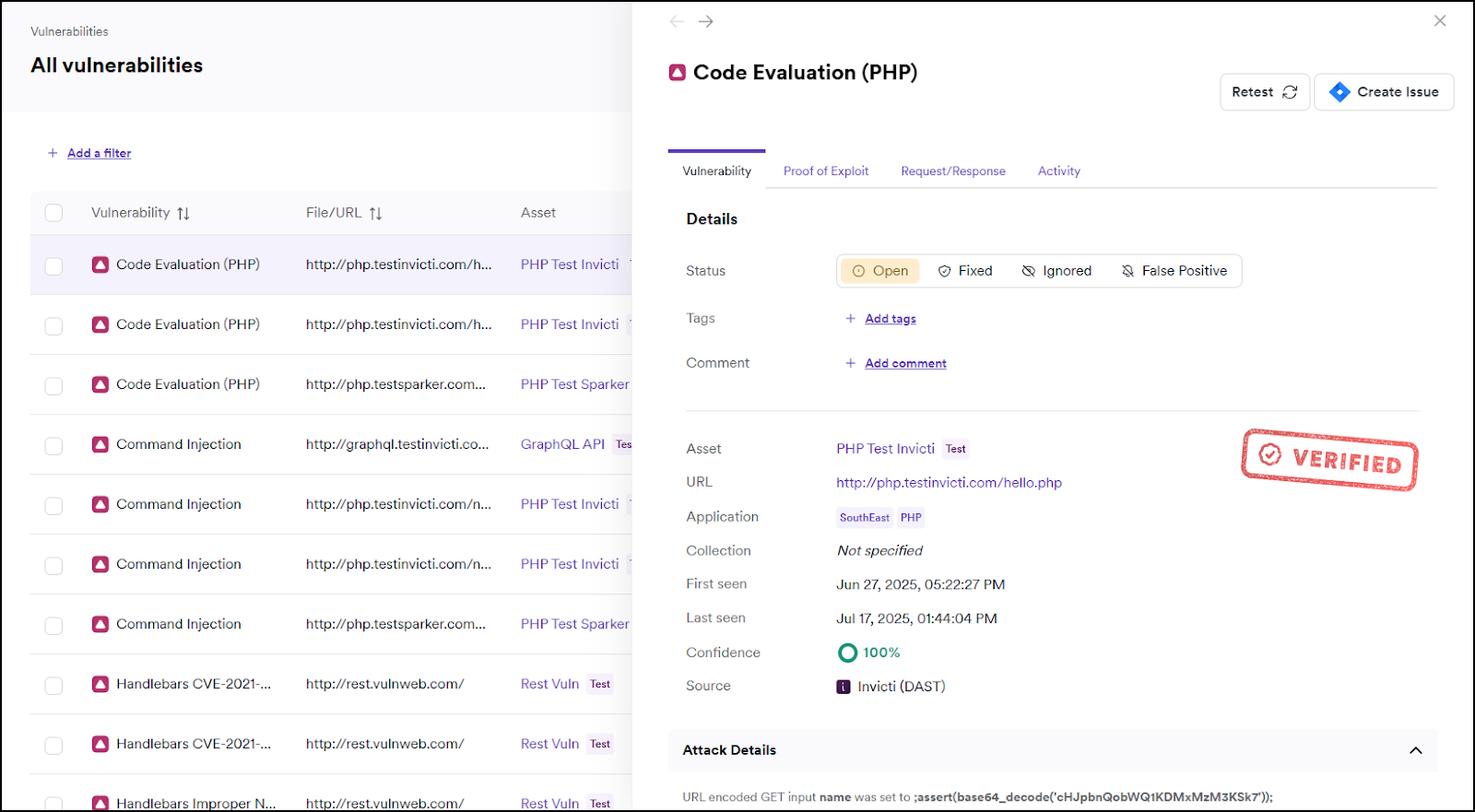 All Vulnerabilities page, displaying details for an example vulnerability.
