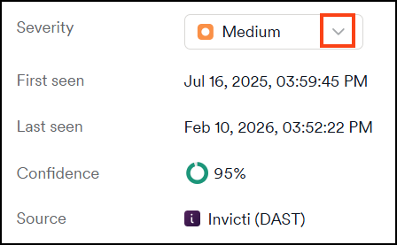 Vulnerability drawer showing severity level drop-down menu