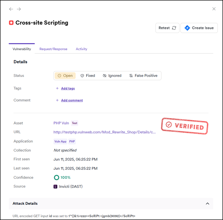Example of a high-severity Cross-site Scripting (XSS) vulnerability.
