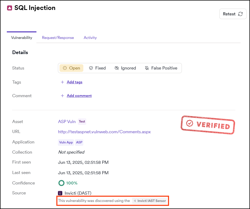 Example of vulnerability discovered by Invicti IAST.