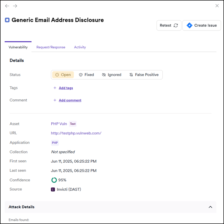 Example of an informational alert, generic email address disclosure.