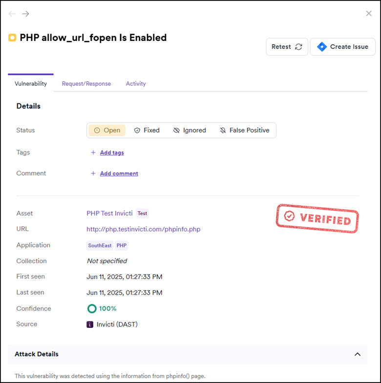 Example of a low-severity PHP allow_url_fopen Is Enabled vulnerability.
