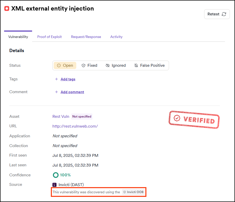 Example of the vulnerability discovered by Invicti OOB in Invicti Platform.