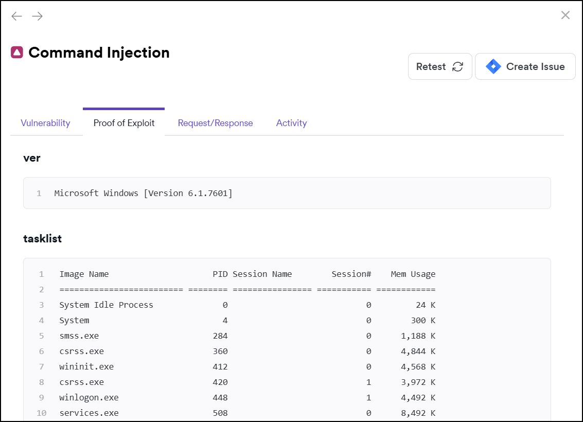 Proof of Exploit information for Command Injection vulnerability.