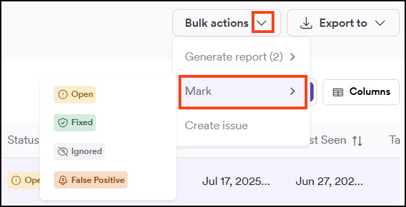 Changing the status of multiple vulnerabilities.