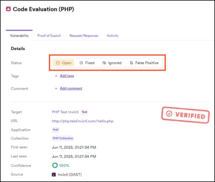 Changing the status of a single vulnerability.